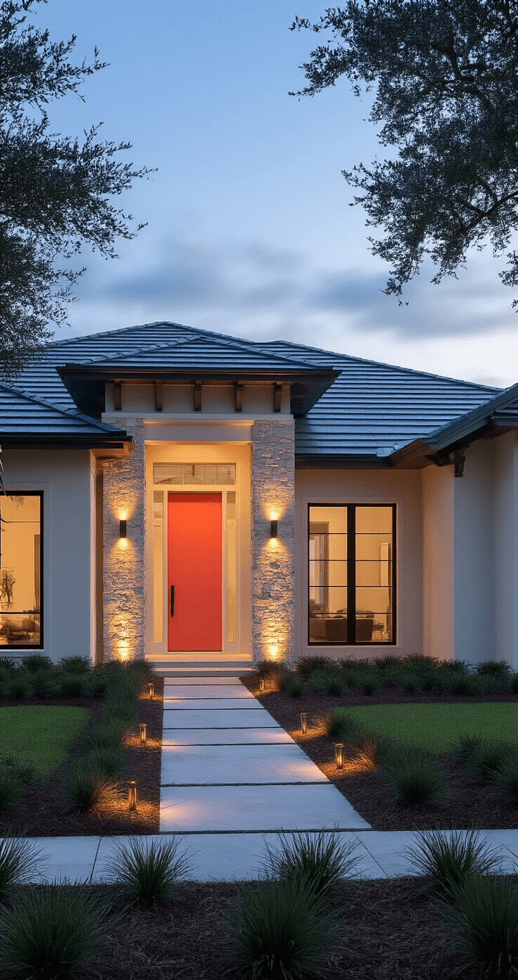 Cinematic twilight rendering of a Florida ranch home with layered lighting design, featuring subtle LED uplighting on stone columns, flanking wall sconces beside a bold coral front door, and path lights through minimalist landscaping, highlighting clean lines and large picture windows against a dusky sky.