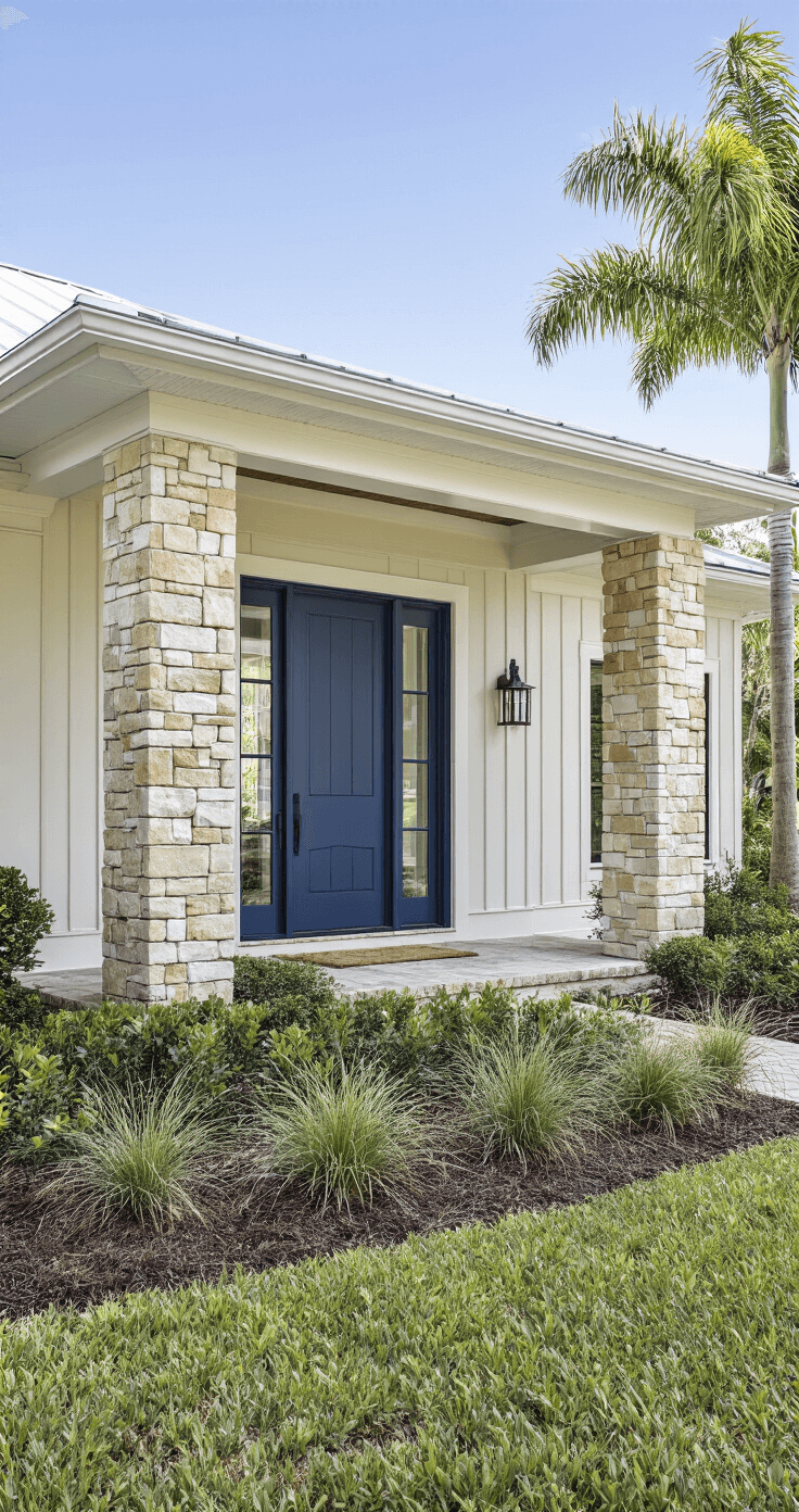 Daytime exterior photograph of a Florida ranch home with a stacked stone accent wall, soft white board and batten siding, deep navy blue front door, and tropical landscaping featuring native shrubs, ornamental grasses, and palm trees, complemented by large corner windows and an extended porch with a sky blue ceiling.