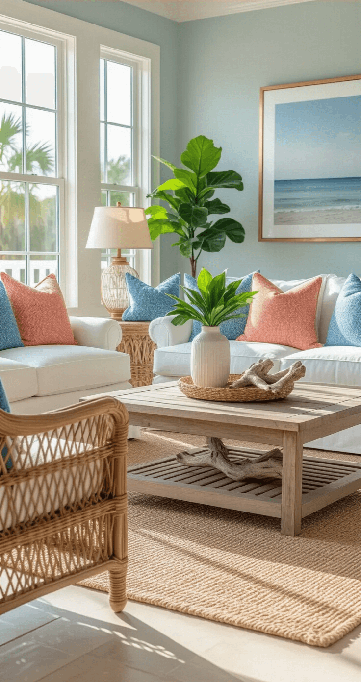 Ultra-realistic living room featuring Florida coastal design with white slipcovered sofa, blue and coral pillows, rattan armchair, and weathered oak coffee table, illuminated by golden hour light streaming through large windows, showcasing a jute area rug over porcelain tile flooring, a brass lamp, seascape artwork, and a potted monstera plant, with a view of palm trees through glass doors.