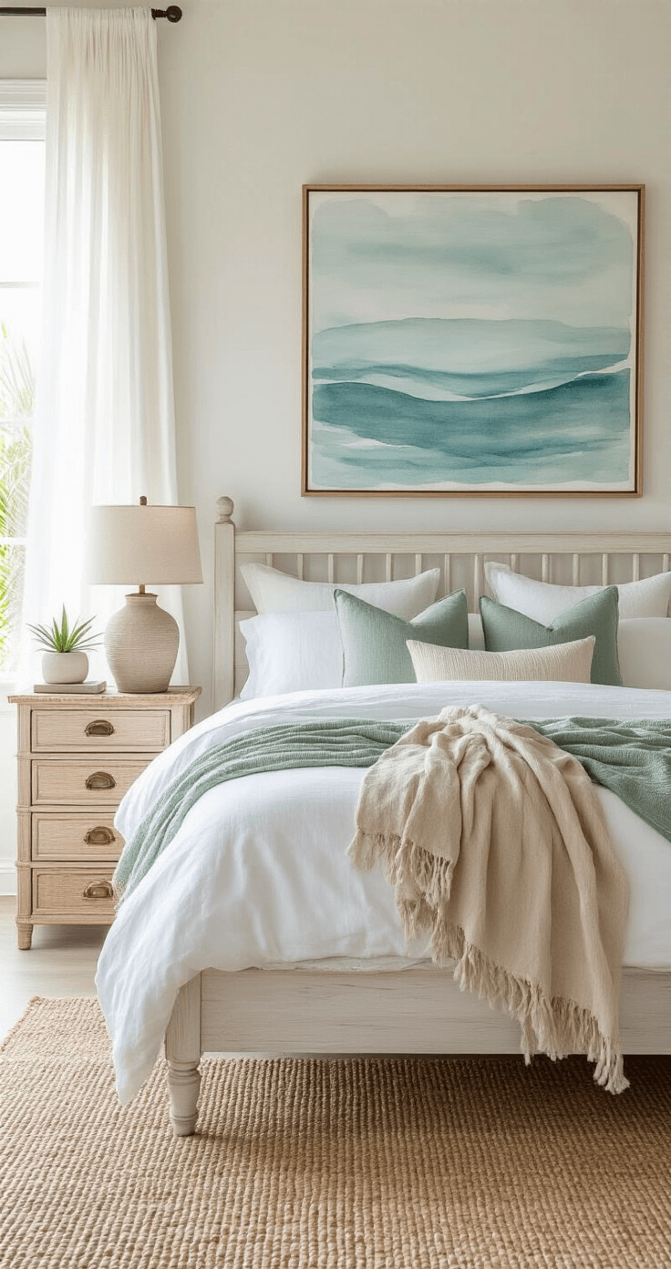 Coastal bedroom with whitewashed wooden bed frame, crisp white linen duvet, layered throws in sandy beige and sage green, and oversized windows with sheer white curtains. Features rattan nightstands with brass hardware, an abstract watercolor above the bed, a ceramic lamp, woven jute rug, sea glass accessories, and a potted palm, all bathed in warm morning light.