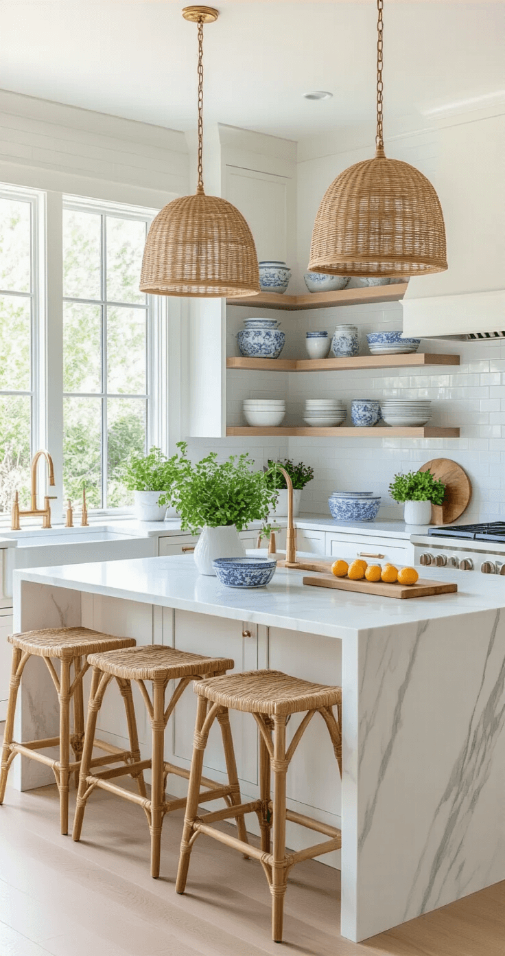 Bright, airy coastal-inspired kitchen featuring white shaker cabinets with brass hardware, open shelving with blue and white ceramic dishes, a marble waterfall island with natural wood bar stools, and woven rattan pendant lights, all bathed in natural light with lush greenery outside.