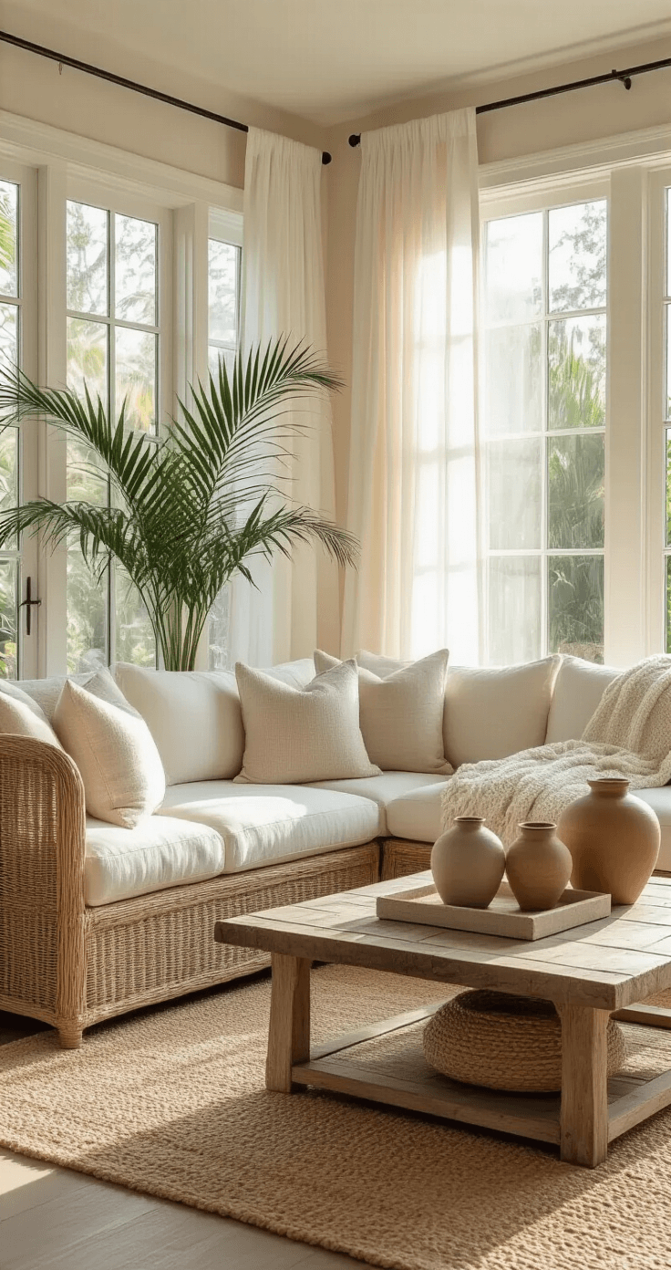 Ultra-wide angle view of a Florida room with soft white walls, rattan sectional sofa, large windows with sheer curtains, Areca palm, jute rug, weathered wood coffee table with ceramic vases, and layered textures of pillows and a blanket in soft seafoam and sandy beige colors, all illuminated by golden hour lighting.