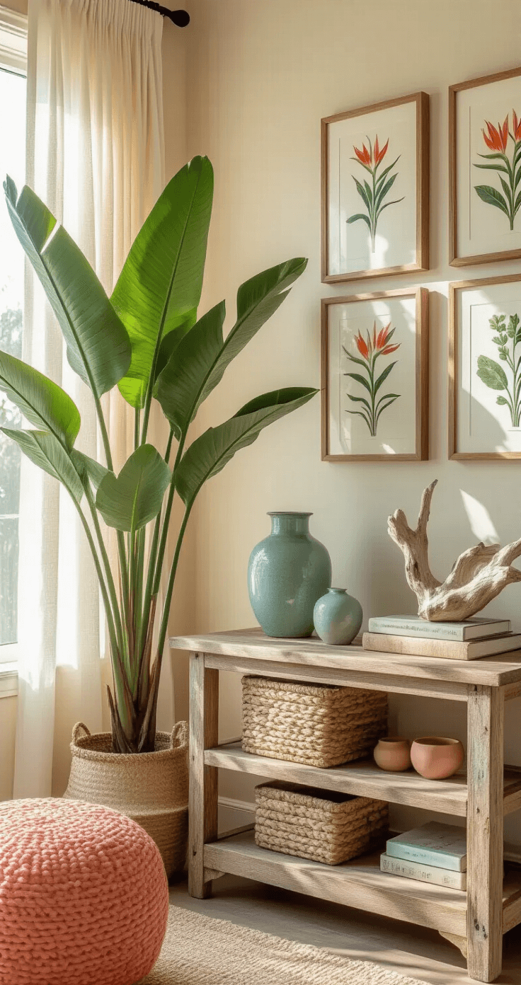 Intimate Florida room corner with vintage botanical prints in wooden frames, a bird of paradise plant near the window, and a reclaimed wood console with glass and ceramic decor, illuminated by soft afternoon sunlight through sheer curtains.