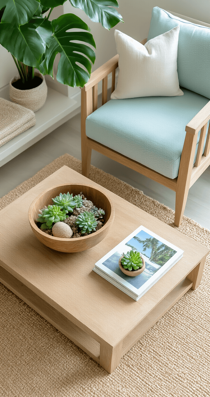 Overhead view of a Florida room coffee table featuring a wooden dough bowl with natural elements, a coastal photography book, and a small succulent arrangement, complemented by a teak side table and a pale aqua accent chair. A large monstera plant is partially visible on a shelf nearby. The scene is set on a jute rug with soft morning light casting gentle shadows, showcasing minimalist styling in a neutral color palette of sandy beiges, soft whites, and muted blue-green tones, with deliberate negative space.