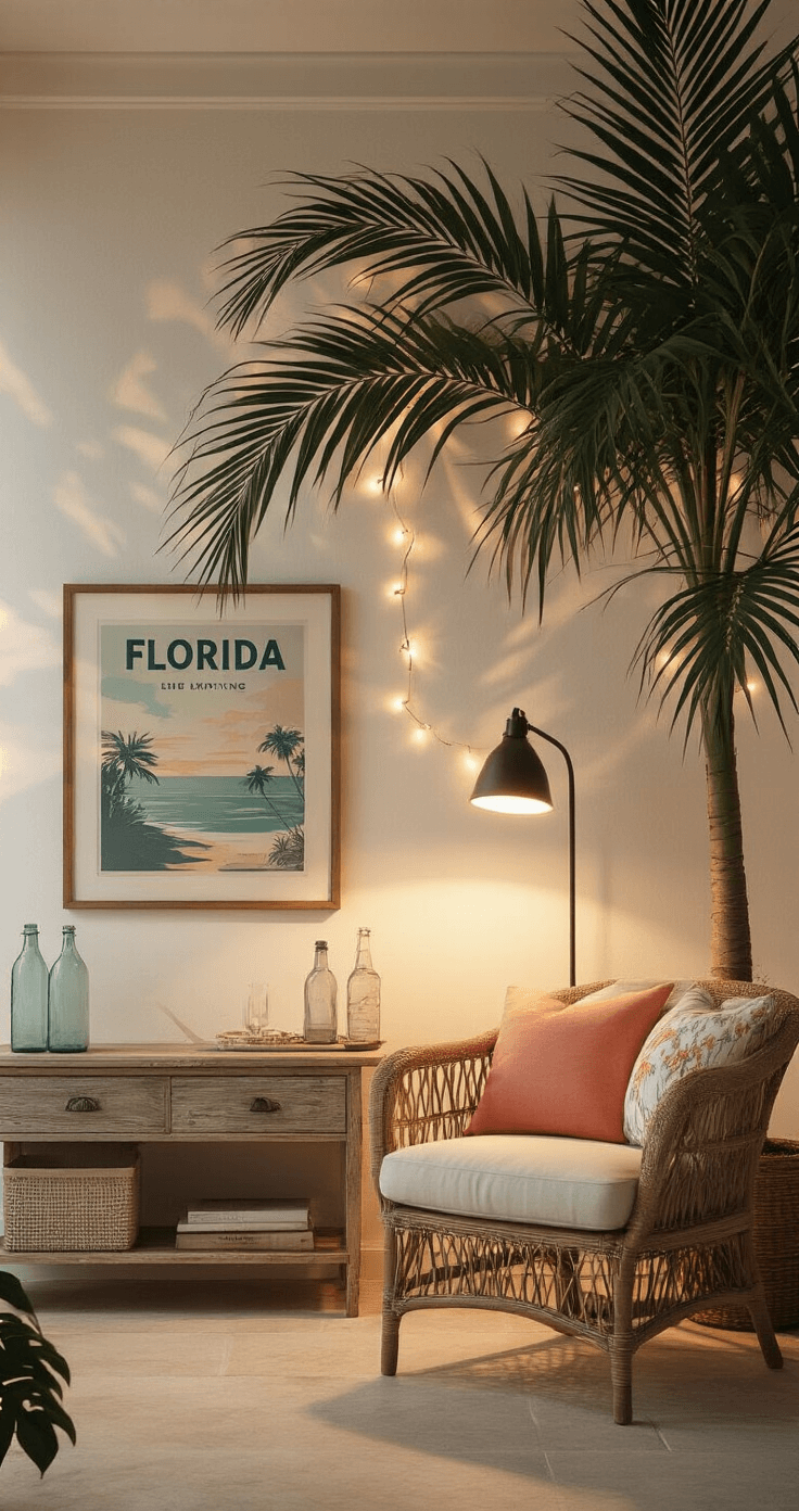 A cozy Florida room with palm shadows on warm walls, featuring a rattan chair and modern lamp, string lights, a vintage travel poster, and soft seafoam and coral accents, all under soft, layered dimmable lighting.