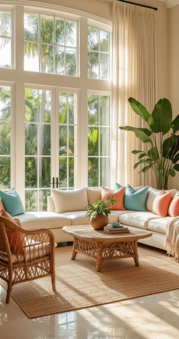 A spacious Florida living room at golden hour, featuring floor-to-ceiling French doors opening to a lush tropical landscape, with a cream linen sectional, vintage rattan chairs, and a driftwood coffee table on travertine floors, accented by coral and turquoise decor and a large monstera plant.
