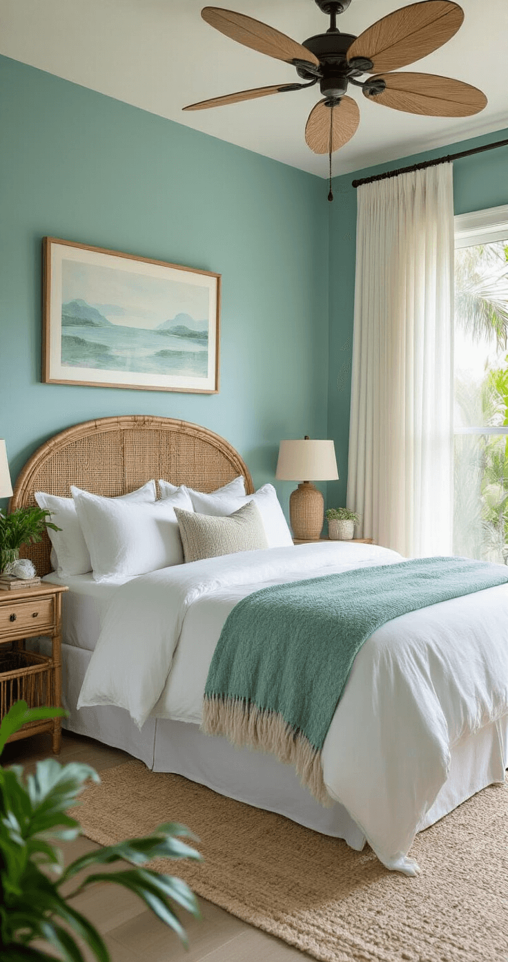 Transitional Florida bedroom with soft teal walls, a king-sized bed with white linen bedding and textured throws, rattan headboard, vintage cypress side tables, sheer curtains revealing palm trees, morning light casting soft shadows, indoor tropical plants, and abstract coastal artwork, captured in low-angle photography.