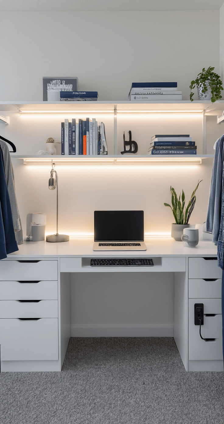 A well-organized UF dorm room study zone featuring a sleek white desk with a laptop stand and external keyboard, labeled cable management, velvet hangers in a closet, floating shelves with textbooks and a snake plant, warm white LED task lighting, and a soft gray and navy color palette.