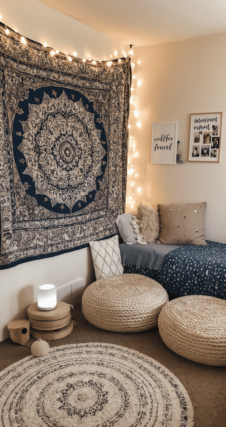 A cozy dorm room social zone featuring a large bohemian tapestry on a cinderblock wall, a small round rug with floor cushions, an essential oil diffuser, framed motivational prints, and a photo collage with string lights, all styled in deep blue and cream tones with soft ambient lighting and a tension rod room divider.