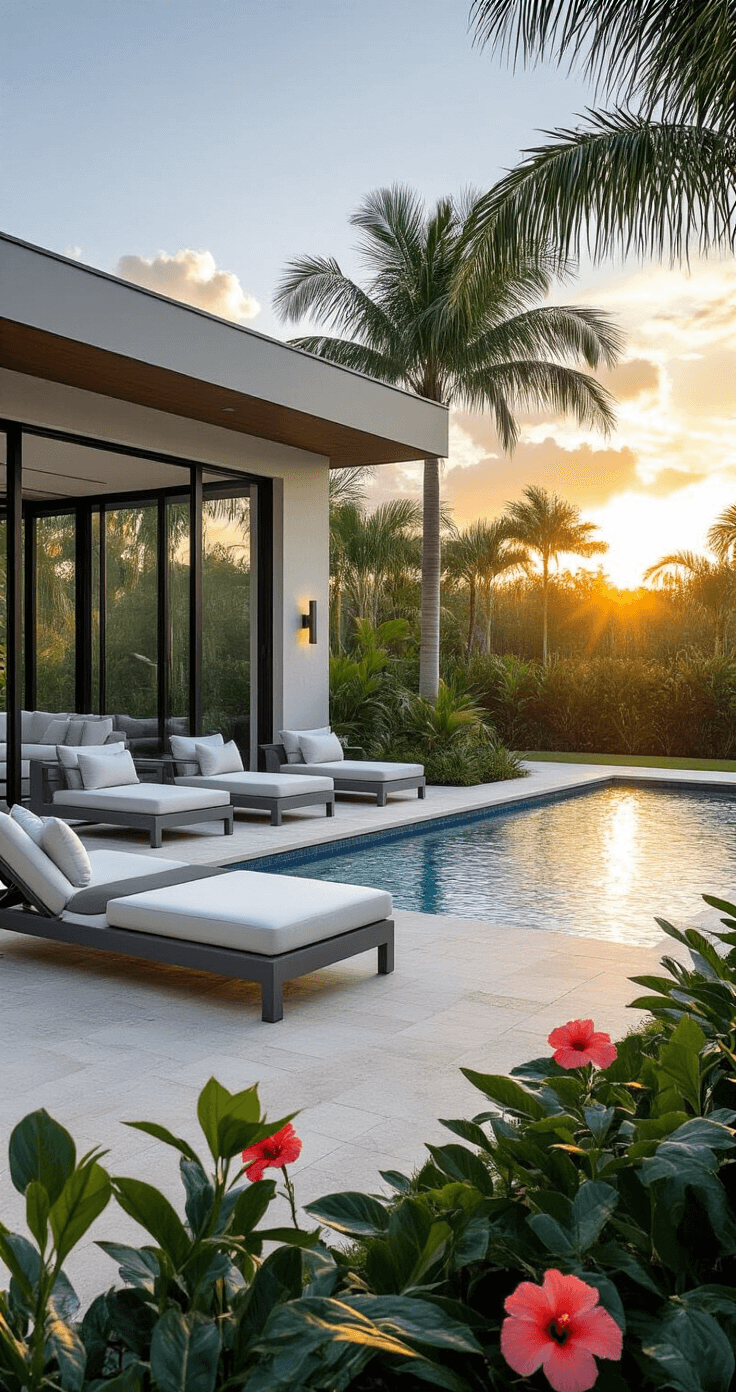 Ultra-realistic late afternoon Florida poolside patio featuring an expansive screened-in enclosure, modern minimalist furniture in neutral tones, sleek gray pool loungers, immaculate blue pool water reflecting the sunset, and lush tropical landscaping with palm trees and hibiscus plants, all captured from an elevated perspective.