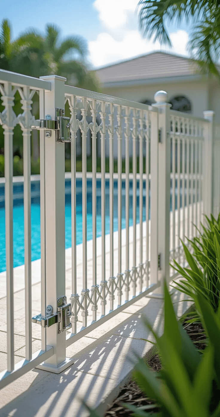 Close-up of a self-closing pool gate mechanism showcasing intricate metalwork and a precisely positioned 54-inch high latch, surrounded by an ornamental fence design that prevents climbing, with manicured Florida landscaping in the background under bright midday sunlight, in a neutral color palette of white, gray, and soft earth tones.