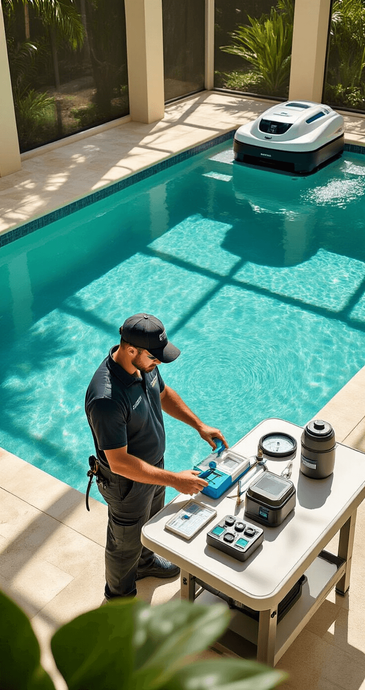 Professional pool technician conducting water testing in a luxurious Florida pool setting, with morning sunlight filtering through a screened enclosure, surrounded by an array of testing equipment and a pristine turquoise pool, featuring a modern cleaning robot and tropical plants in a neutral beige and white color scheme.