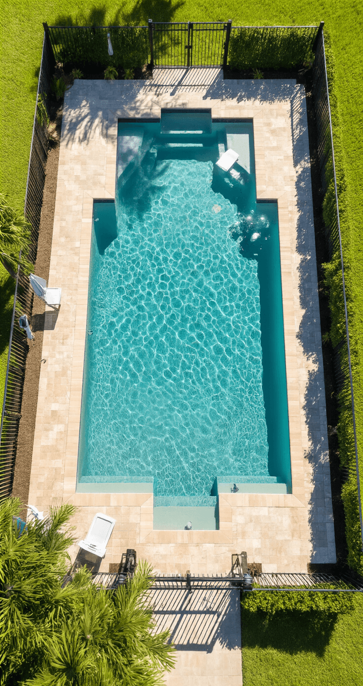Aerial view of a residential backyard during a pool safety inspection, showcasing the pool, fence perimeter, gate mechanisms, and safety features under bright Florida sunlight, captured in an architectural mapping style with geometric precision.