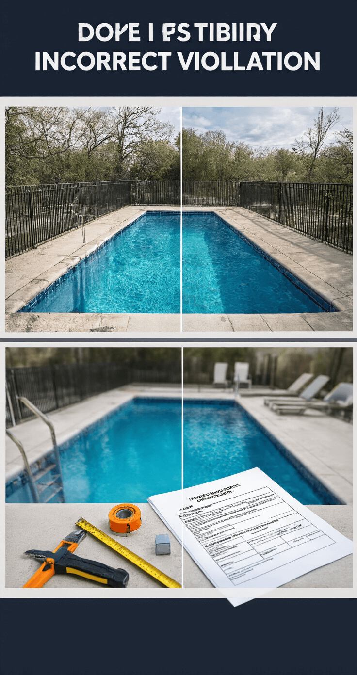 Split-screen comparison of pool barrier installations: left side shows incorrect installation with gaps and inadequate height, right side displays correct installation meeting safety standards; harsh overhead lighting highlights construction details, with measuring tools and safety documents placed to emphasize technical precision against a clinical white background.