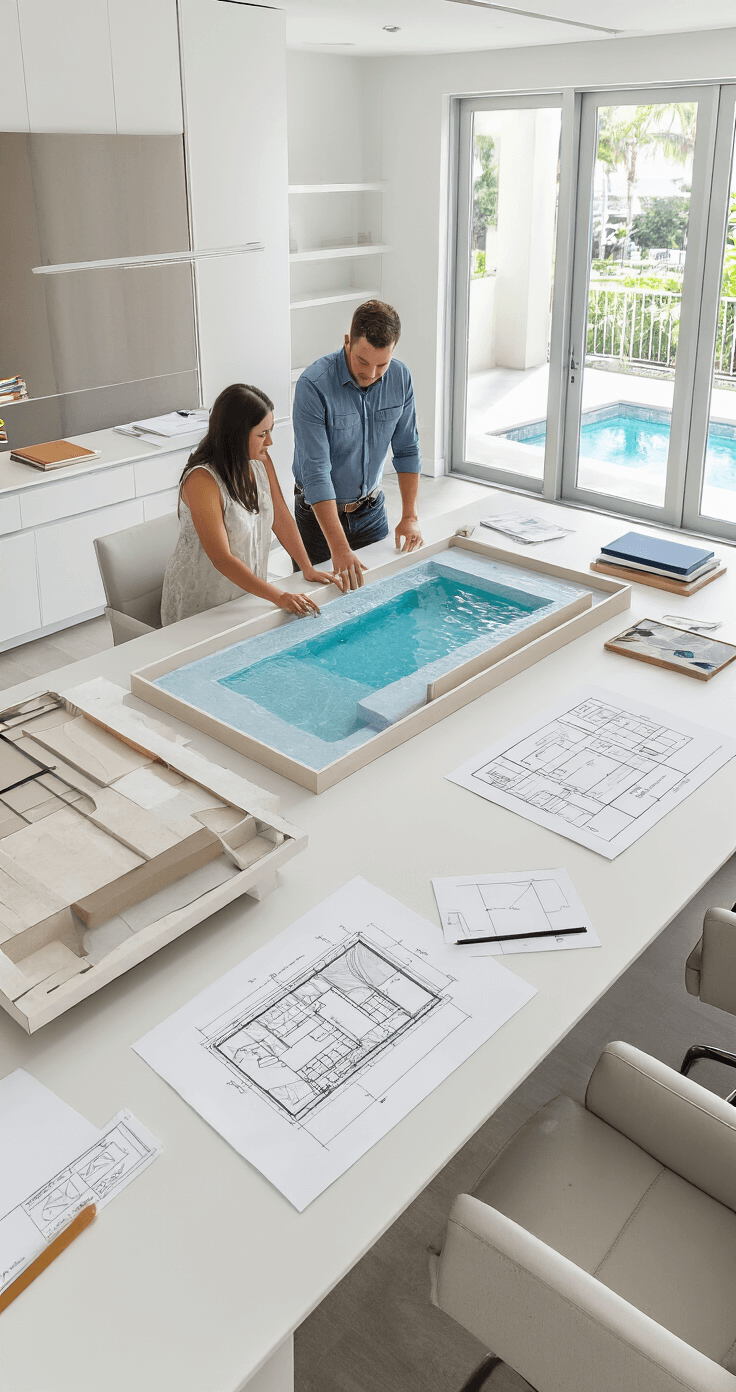 A modern interior design studio with professional designers discussing pool barrier requirements, surrounded by architectural models and safety regulation blueprints on a sleek white workspace, illuminated by natural daylight, featuring minimalist furniture and a sophisticated neutral color palette.