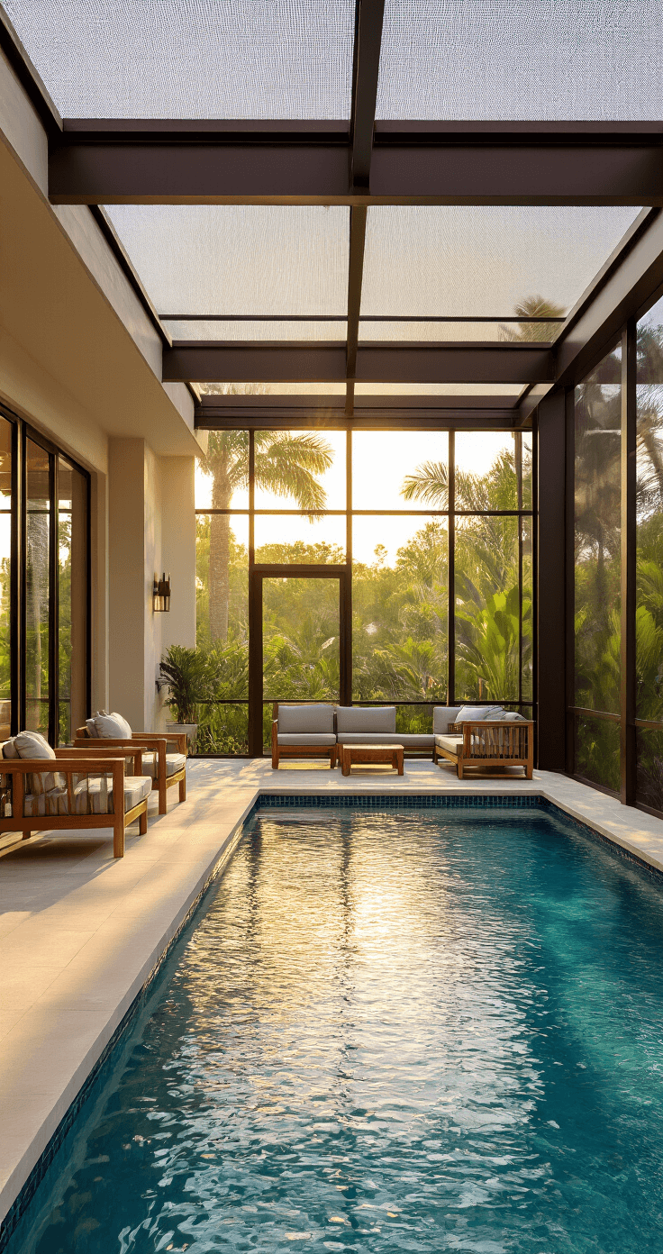 Ultra-realistic depiction of a Florida poolside interior featuring a modern patio with teak furniture, surrounded by a finely meshed aluminum pool cage, bathed in warm late afternoon sunlight, with vibrant blue water reflecting architectural lines and lush tropical landscaping in the background.