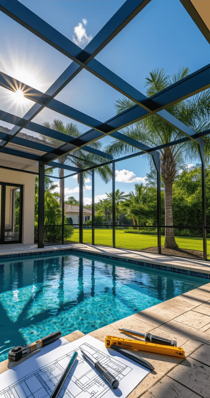 A detailed view of an exterior pool cage installation, highlighting gleaming aluminum frame connection points, tensioned pet-resistant screen mesh, with engineering blueprints and tools in the foreground, set against a tropical Florida landscape featuring palm trees and a manicured lawn.