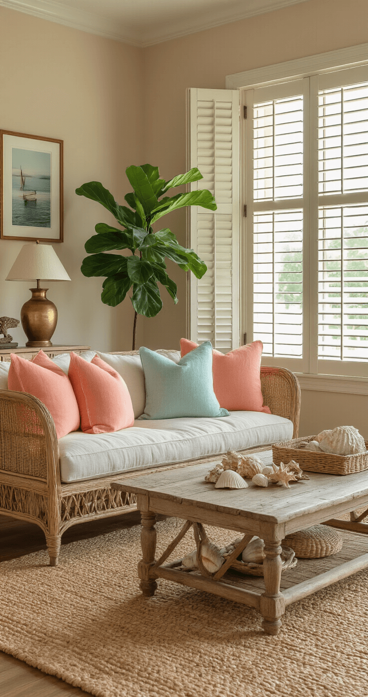 A cozy Old Florida living room showcasing a vintage rattan sofa with coral and seafoam pillows on a jute rug, a weathered cypress coffee table adorned with seashells, and brass lamps creating warm shadows, under partially open plantation shutters that allow golden sunlight to filter across wood floors, complemented by a fiddle leaf fig and a nautical photography gallery wall against muted sandy beige walls.