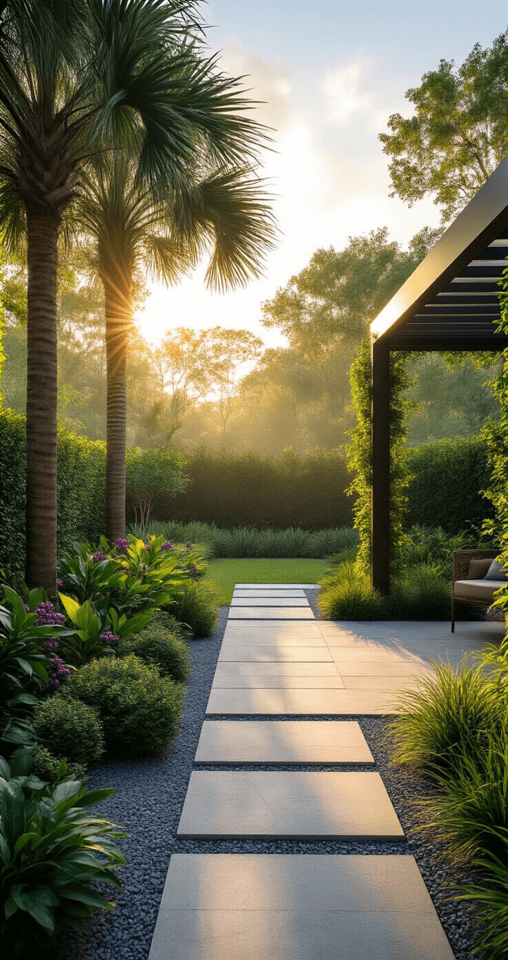 Ultra-realistic Florida backyard landscape at sunrise, featuring native plants like cabbage palms and beautyberry shrubs, a modern minimalist paver patio with fine gravel, climbing coral honeysuckle on an aluminum pergola, and a soft blue-green color palette with rich purple berries and olive green foliage.