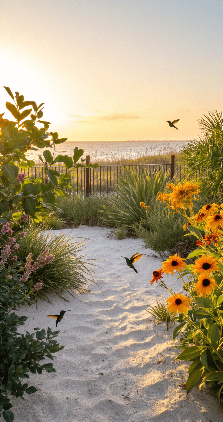 A coastal property garden in golden late afternoon light, featuring sea grape, Simpson's stopper, and beach sunflower, with soft sandy ground and aluminum fencing. Hummingbirds visit scarlet sage blooms, set against a glimpse of the ocean, showcasing layered plant heights in a natural Florida ecosystem design.