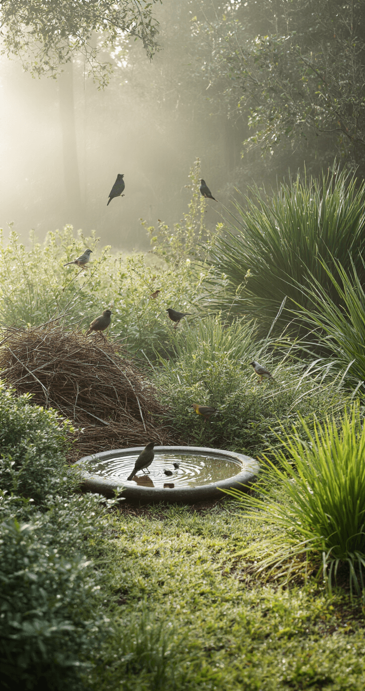 Early morning mist shrouds a wildlife-focused Florida native garden featuring a brush pile, bird bath amidst native shrubs, and a butterfly puddling station. Dew-covered ground and a backdrop of coontie and muhly grass enhance the scene, with multiple bird species and native pollinators softly captured in a professional photography style.