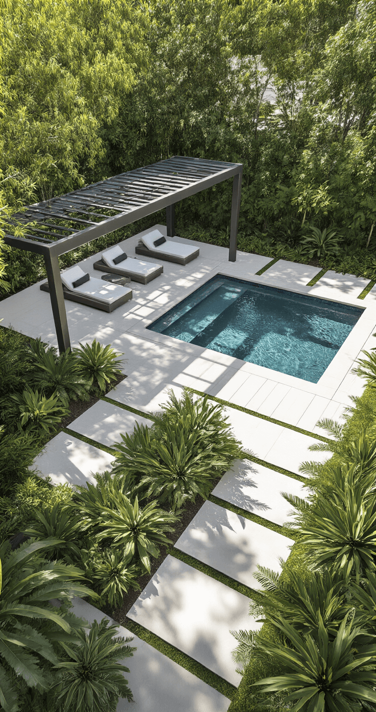 A modern minimalist Florida pool landscape featuring a geometric swimming pool surrounded by foxtail ferns and bromeliads, under a slim aluminum pergola. The scene showcases sharp geometric hardscaping, sparse sculptural plants, and sleek outdoor furniture, all bathed in crisp morning light with strong shadows, presented from an overhead drone perspective.