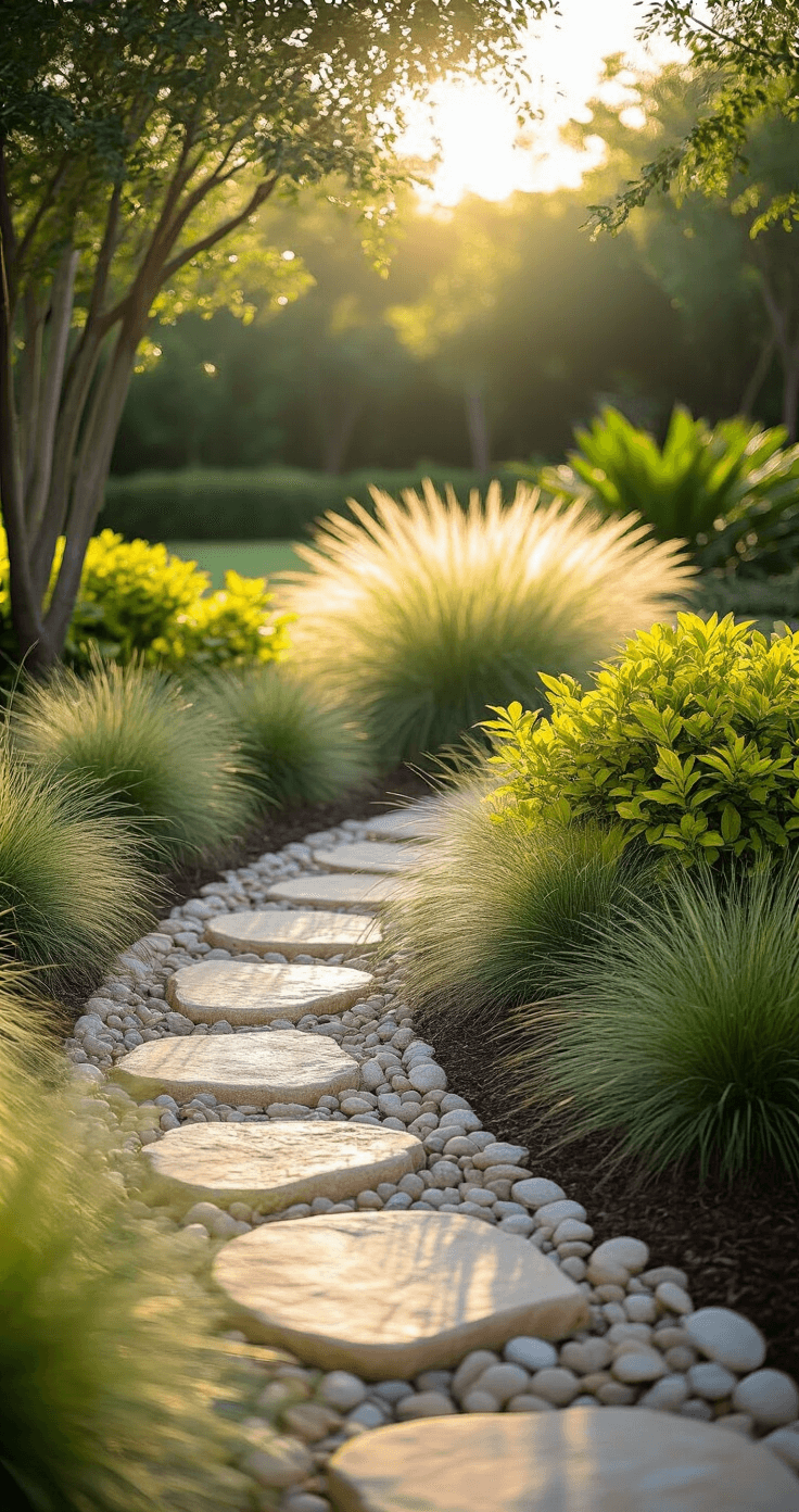 Ultra-realistic front yard landscape in bright Florida sunlight featuring Gold Mound Duranta shrubs, soft Muhly grass, river rocks, and a curved stone pathway, captured from a 45-degree angle with detailed plant textures and a soft bokeh background.