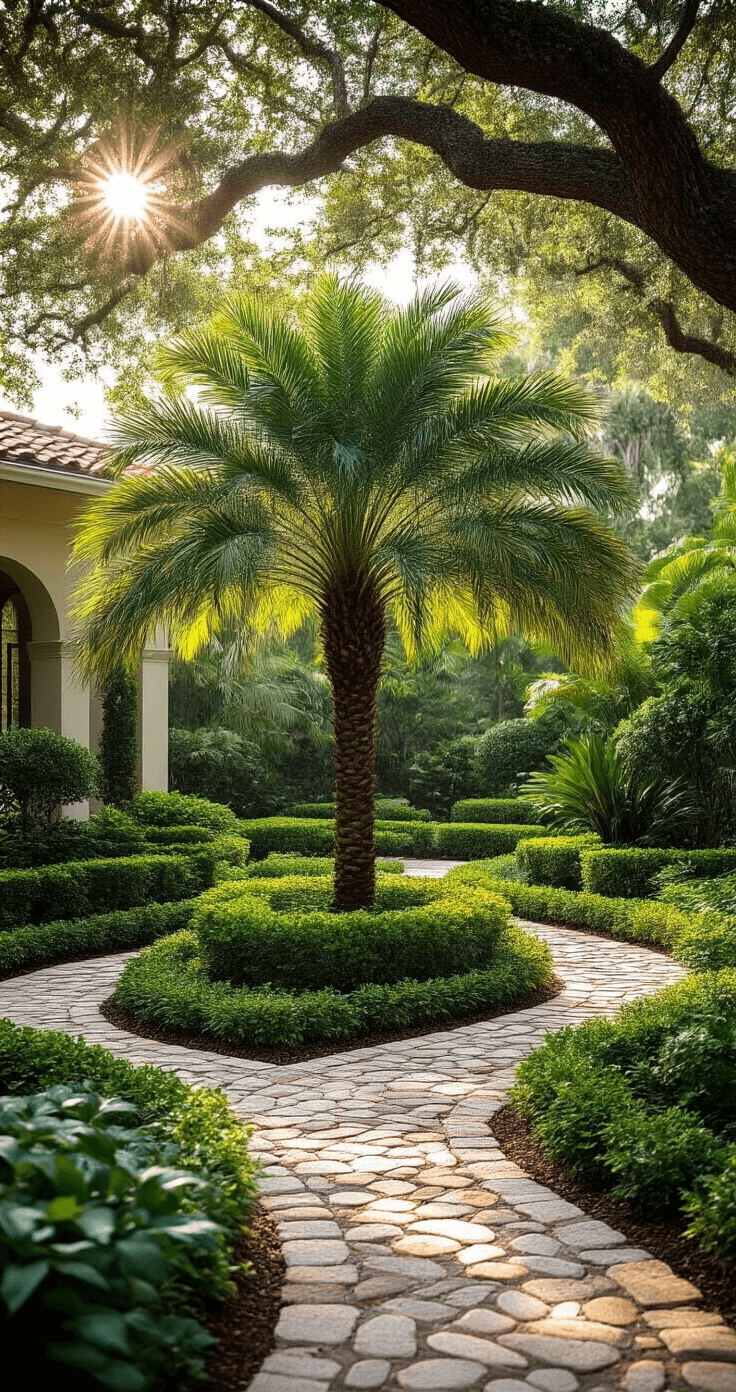 Tropical front yard design in Florida featuring a Phoenix Roebelenii palm as the focal point, surrounded by Walter's Viburnum shrubs and Asiatic Jasmine groundcover, with dappled sunlight filtering through oak branches, a winding cobblestone pathway accented with beach pebbles, and solar pathway lights, captured in professional architectural photography style.