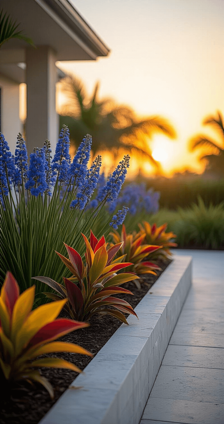 Coastal Florida front yard at golden hour featuring drought-tolerant Lily of the Nile with deep blue clusters and vibrant Croton plants; sleek hardscaping with slate stone borders and minimal mulch; warm sunset lighting casting long shadows, emphasizing plant silhouettes in a muted palette of oceanic blues and sandy neutrals.
