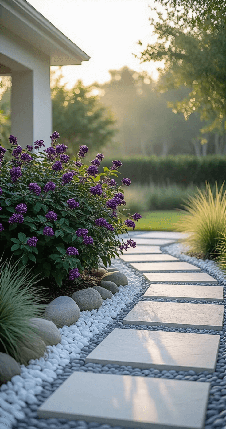 Modern minimalist front yard in Florida featuring a single Beautyberry shrub with purple berries, surrounded by river rocks and white beach pebbles. A cut stone pathway leads to the entrance, with soft Muhly grass providing texture. Captured in early morning light, showcasing plant details and hardscape edges.