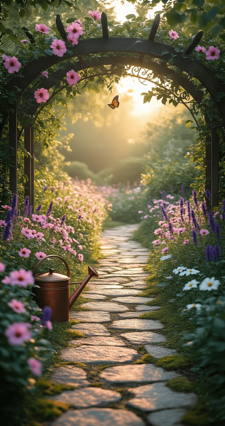 Ultra-detailed photorealistic scene of a Florida cottage garden pathway at golden hour, featuring soft pink pentas, purple salvias, and white coneflowers along a moss-covered stone path, an antique iron arbor draped in climbing roses, a vintage copper watering can, and a butterfly on a salvia bloom, all captured in a soft pastel color palette.