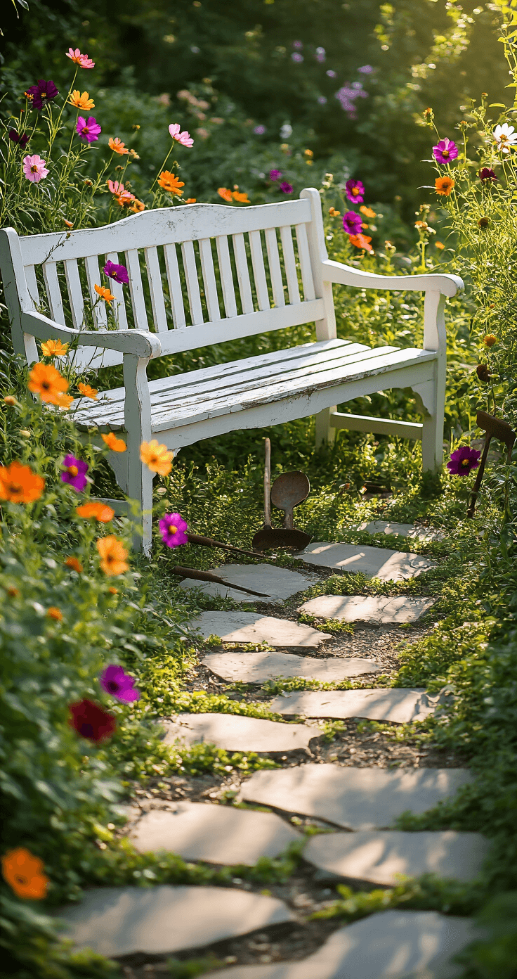 Intimate garden seating area with a distressed white wooden bench amidst self-seeding cosmos and four o'clocks in jewel tones, cast in morning light, featuring rusted gardening tools and soft green groundcover between stone pathway segments, evoking a romantic, slightly overgrown cottage garden aesthetic.