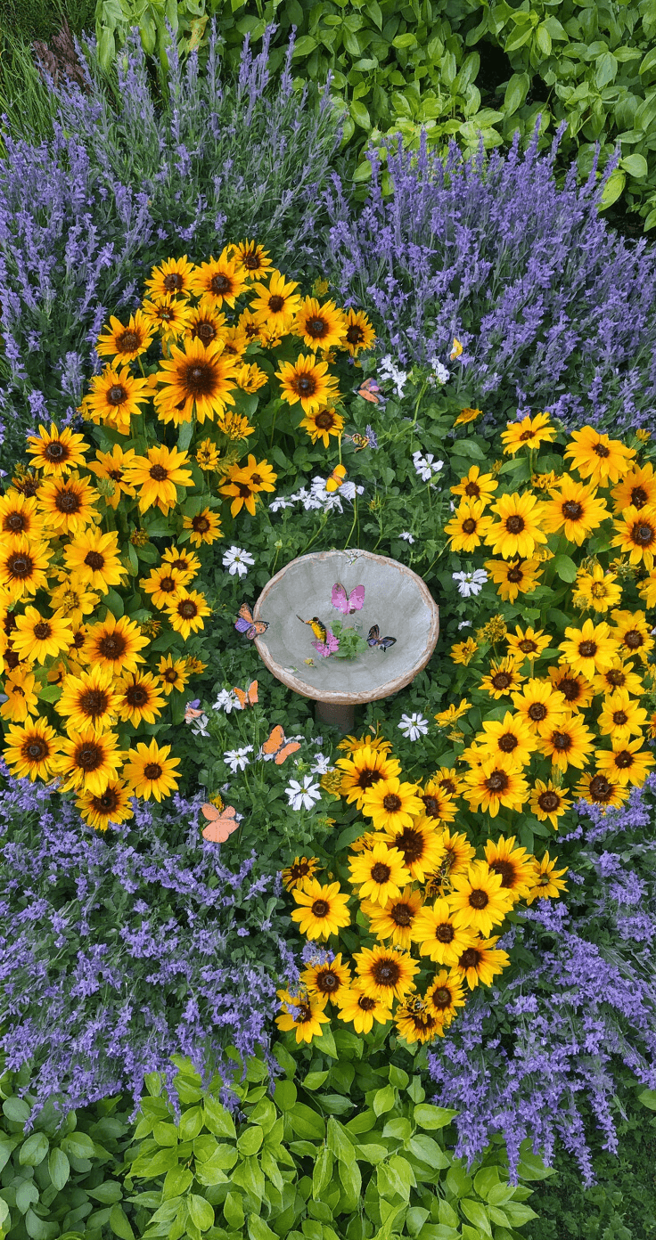 Overhead view of a Florida cottage garden with plant drifts of tropical sage, rudbeckia, and pentas in vibrant color blocks. The scene is illuminated by soft morning light, highlighting plant textures and showcasing butterfly and bee activity, with a handcrafted ceramic birdbath as the central focal point. The arrangement demonstrates a layered planting strategy, captured from a slightly elevated perspective that reveals the garden's structured yet wild design.