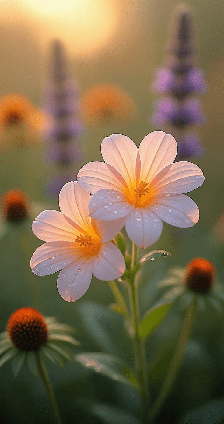 Close-up of delicate four o'clock flowers with droplets of moisture, set against a soft-focus background of salvias and coneflowers in golden hour lighting, showcasing intricate colors and textures.