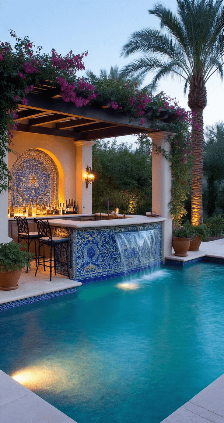 Twilight scene of a Mediterranean-inspired swim-up bar with ornate mosaic tiles, bougainvillea-covered pergola, and illuminated palm trees, featuring travertine decking, wrought iron bar stools, a softly lit waterfall, and mood lighting in deep purple and amber tones.
