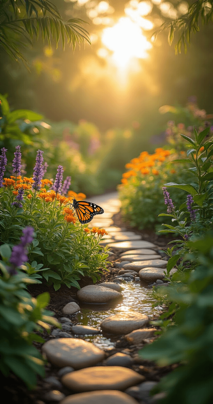 Ultra-detailed wide-angle photograph of a Florida butterfly garden bathed in soft golden sunlight, featuring a delicate monarch butterfly on purple salvia, with lush native milkweed and lantana, an ornate water feature, and a winding wooden pathway amidst colorful plantings.