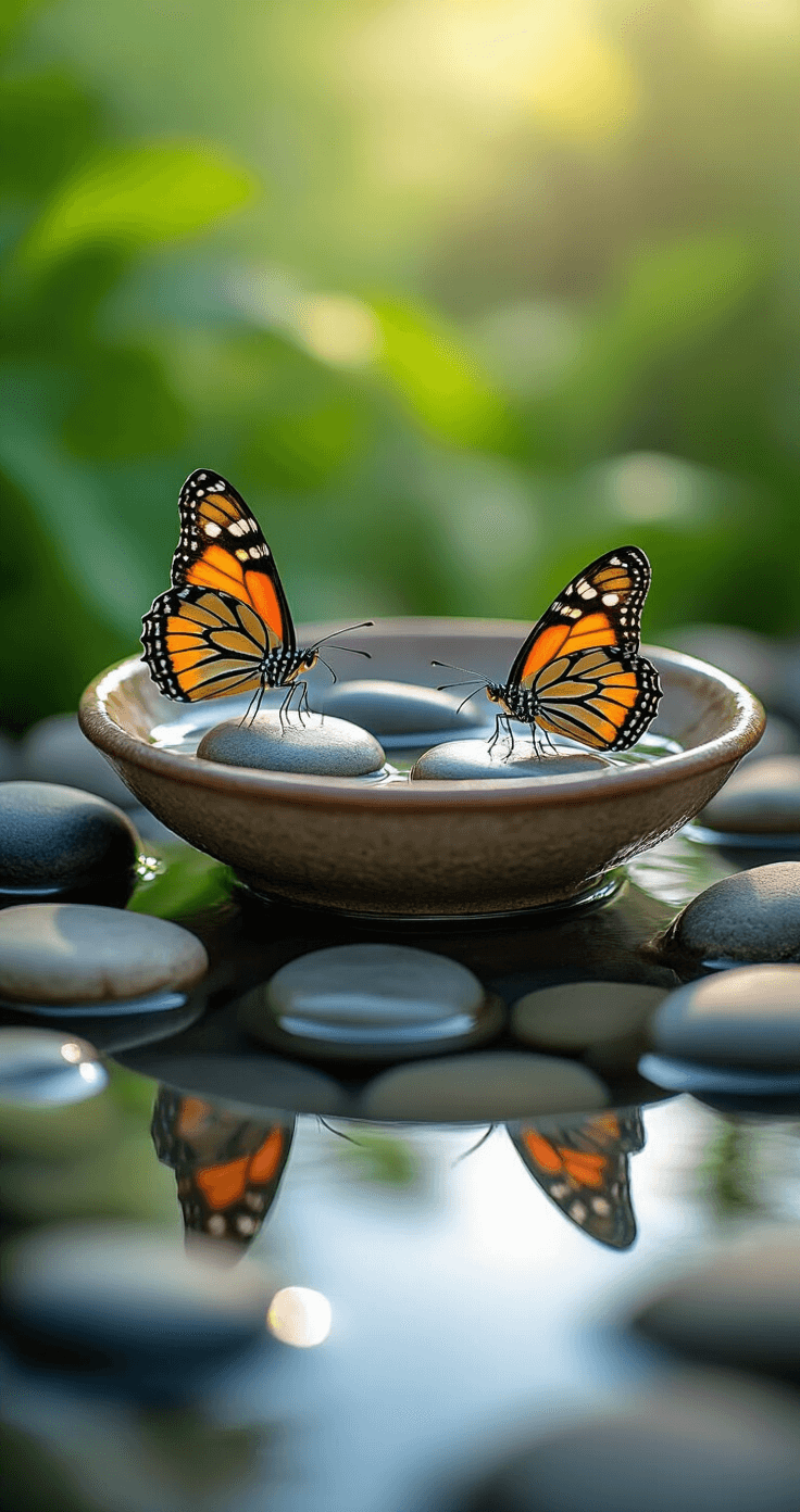 Intimate macro photograph of a butterfly garden water feature, featuring a shallow ceramic dish with smooth river stones and crystal clear water reflecting morning light, as multiple butterfly species land on the stone edges, showcasing intricate wing details, against a soft-focused background of blurred green native plant foliage, captured from a ground level perspective for an immersive butterfly-eye view.