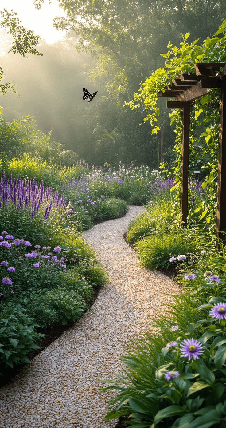 Dramatic wide shot of a Florida butterfly garden featuring varied plant heights with salvia, pentas, and milkweed; a wooden trellis supports a passion flower vine, while a meandering pathway winds through lush greenery; a zebra longwing butterfly is mid-flight, illuminated by soft morning sunlight, creating an ethereal atmosphere with rich green and purple hues.