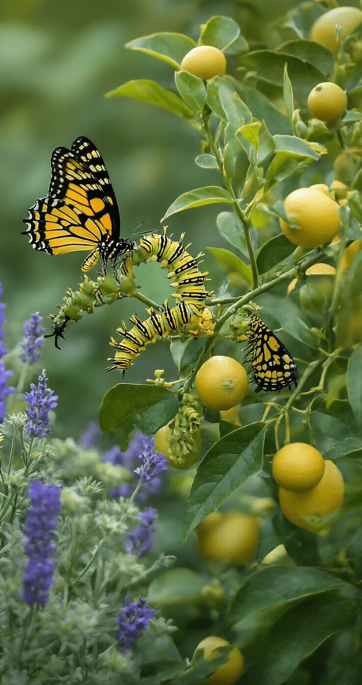 Close-up of a citrus tree branch with black swallowtail caterpillars amidst lush milkweed and salvia plants, featuring soft side lighting that highlights intricate leaf textures, with a shallow depth of field emphasizing the caterpillars, in a muted green and yellow color scheme.