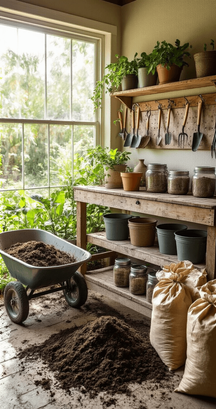 An overhead view of a Florida garden workspace featuring a rustic wooden potting bench, multiple compost buckets, a wheelbarrow filled with fresh composted cow manure, sandy soil samples in glass jars, and gardening tools hanging on a weathered pegboard, all illuminated by morning light streaming through a window with a sunlit garden backdrop.