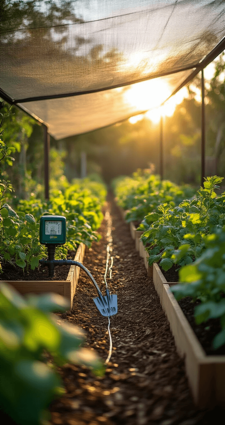 A wide landscape view of a Florida garden at golden hour featuring a drip irrigation system with a rain sensor, raised garden beds with diverse plants, shade cloth partially covering the beds, and a moisture meter alongside gardening tools. Soft backlighting creates dramatic shadows, highlighting pine bark mulch and stainless steel water connections in a professional garden documentary style.