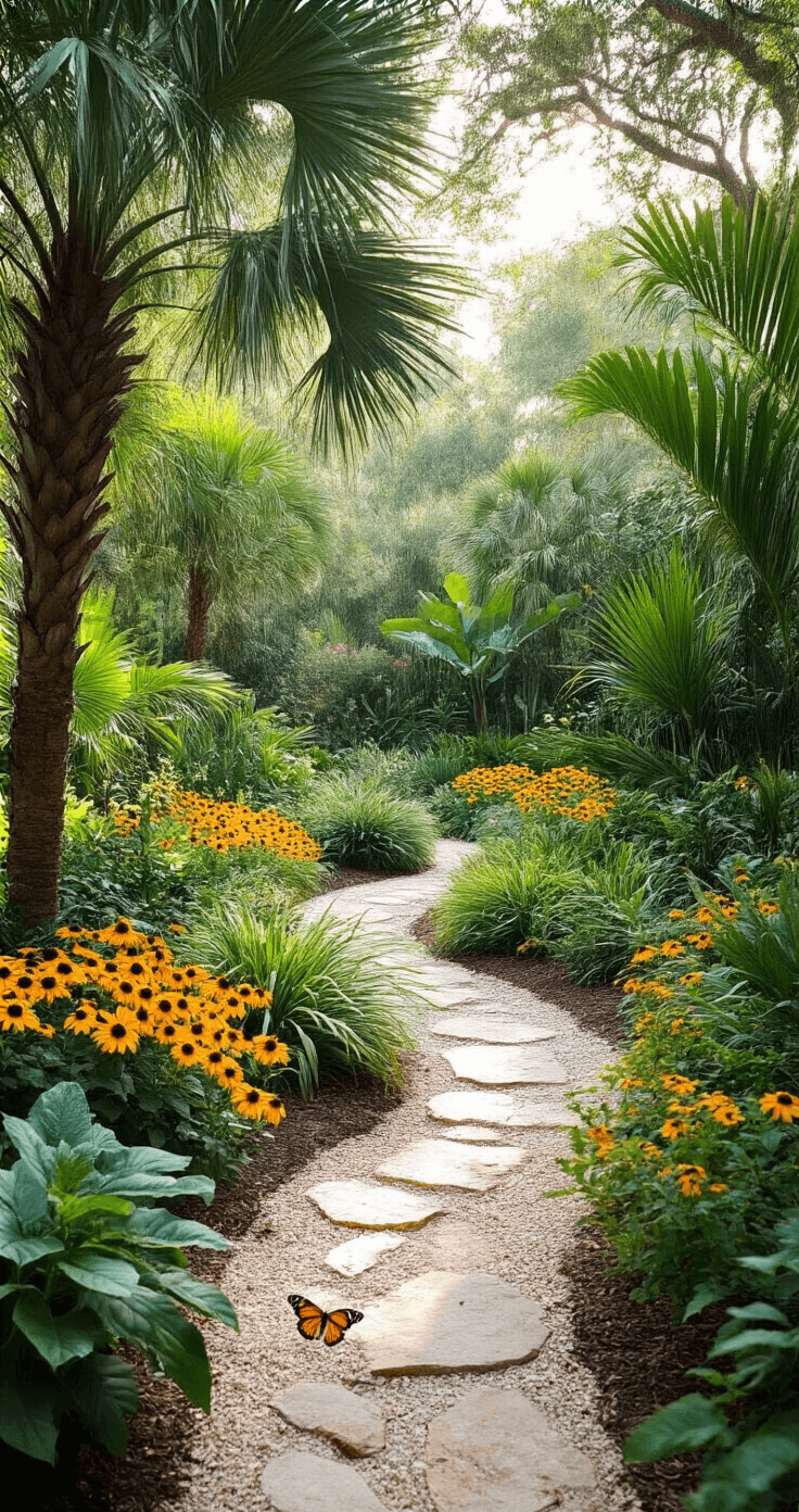 A diverse Florida native plant garden featuring palms, black-eyed susans, and ornamental grasses, with a winding stone pathway, dappled sunlight filtering through trees, and a butterfly on lantana, showcasing the complexity of the ecosystem in a naturalistic planting style.