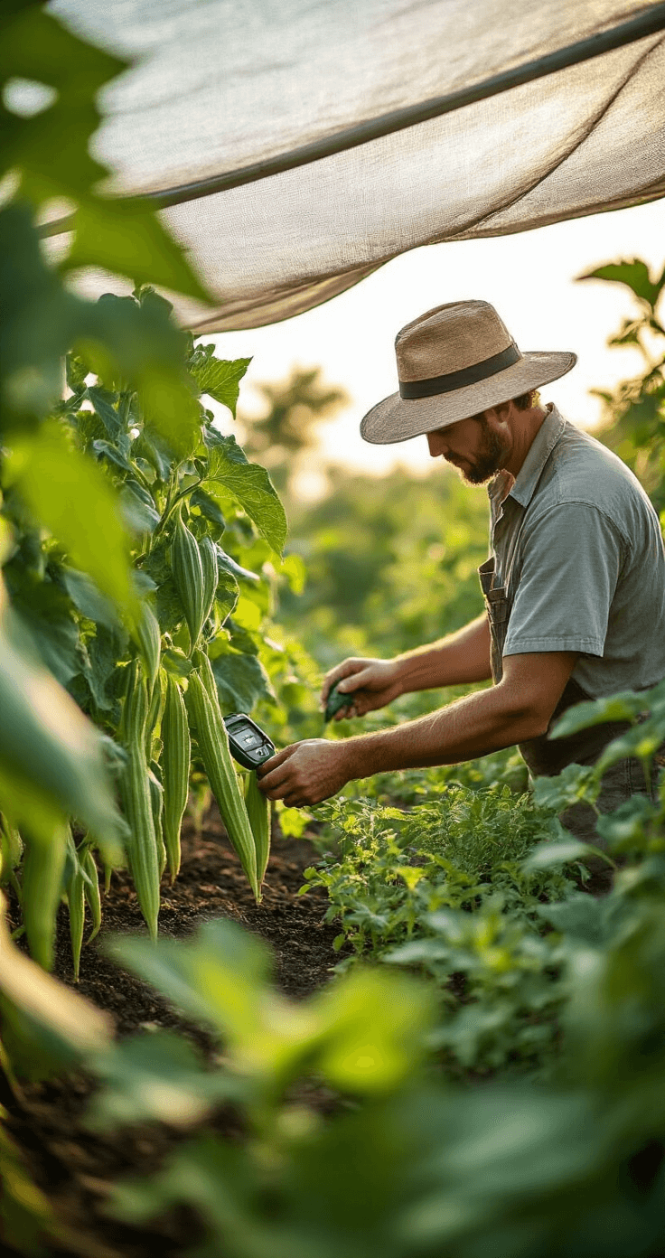 A gardener in a wide-brimmed hat inspects flourishing okra and sweet potato plants in a summer Florida vegetable garden, with a moisture meter in hand. Delicate herb plants are sheltered by a shade cloth, as the soft early morning light captures the vibrant yet slightly desaturated colors of the healthy vegetation, highlighting various microclimates within the garden space.