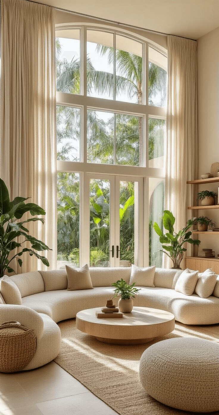 Bright, airy Florida living room featuring a curved bouclé sectional sofa, bleached oak shelves, and a honed limestone coffee table, with floor-to-ceiling glass doors opening to a lush lanai, soft afternoon sunlight filtering through linen curtains, and potted tropical plants, all captured from a corner angle showcasing the indoor-outdoor transition.