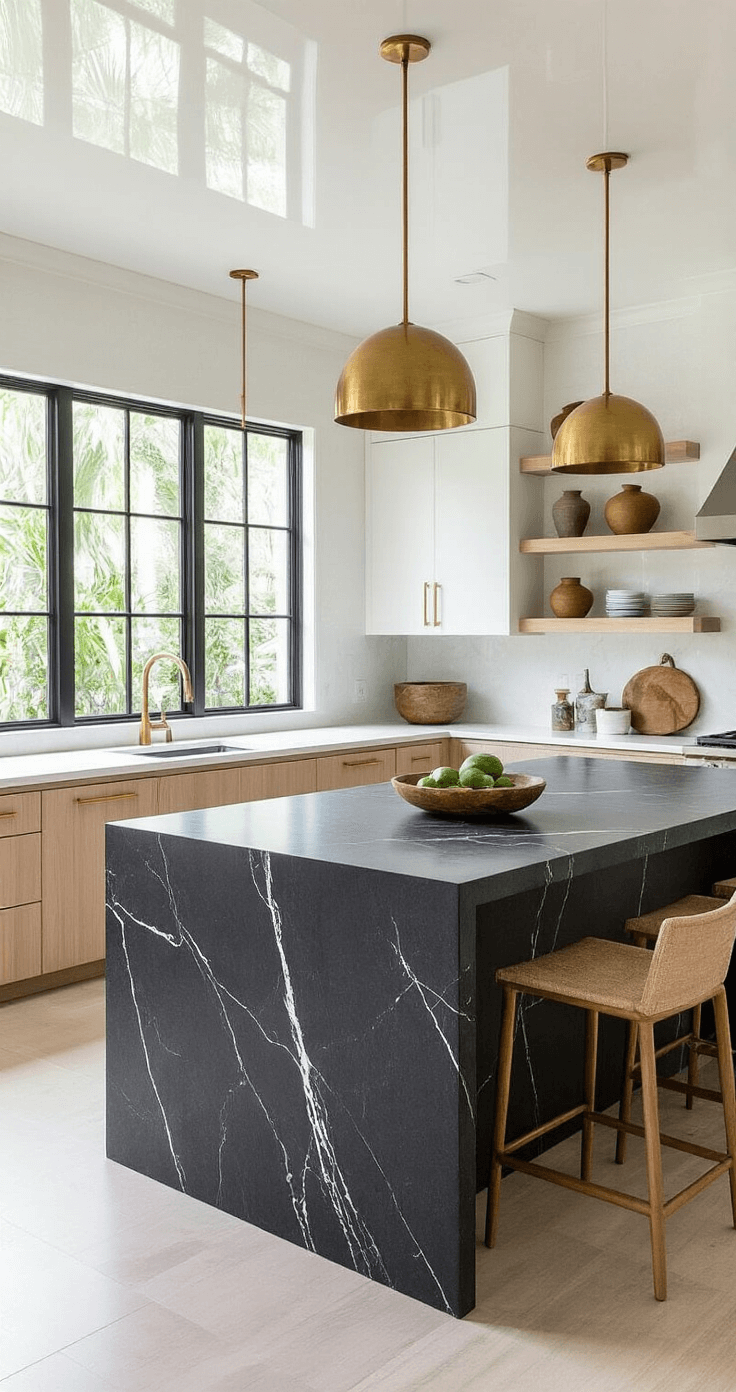 Modern Florida kitchen featuring a dramatic quartz waterfall island in deep charcoal with white veining, bleached oak cabinetry, and high-gloss white ceiling reflecting natural light. The space includes brushed brass hardware, sculptural pendant lights, open shelving with ceramic vessels, and large windows showcasing tropical greenery, seamlessly connecting to the adjacent living area.
