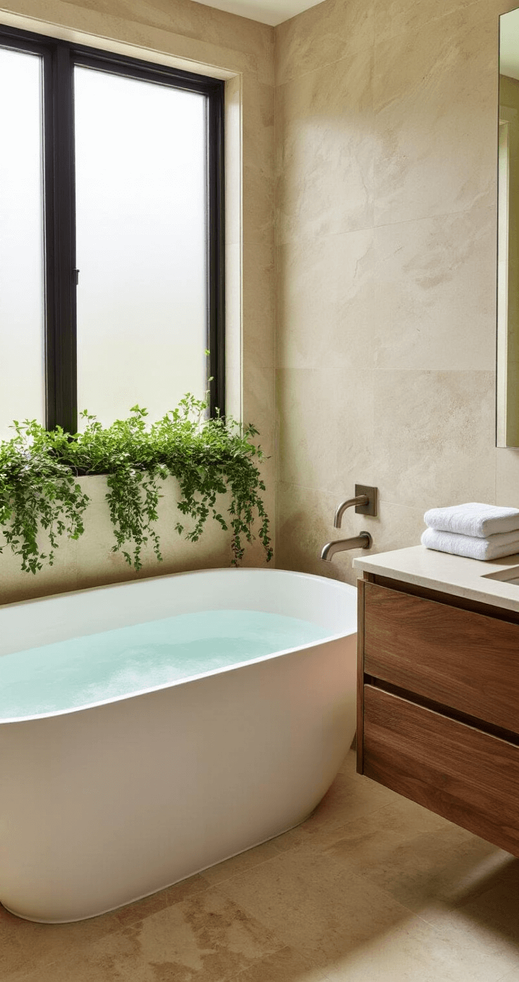 A serene spa-like primary bathroom featuring a sculptural white freestanding tub by large windows, honed marble walls in soft sand tones, heated limestone floors, a brushed nickel rainfall showerhead, a warm walnut floating vanity, integrated greenery, and neatly folded raw linen towels, captured in intimate close-up to highlight texture and tranquility.