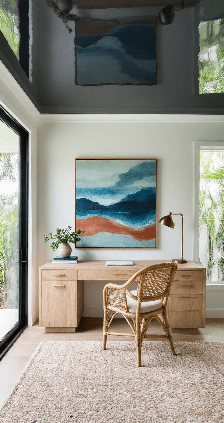 Coastal modern home office featuring a charcoal high-gloss ceiling, bleached oak curved desk, rattan chair with linen cushions, large abstract ocean-inspired artwork, floor-to-ceiling glass doors opening to a tropical garden, a brass task lamp, and a layered textile rug illuminated by soft morning light.