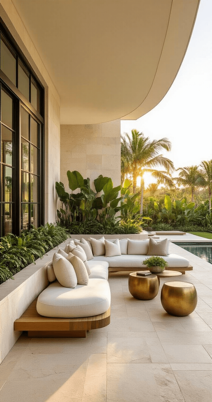 Outdoor lanai seamlessly connected to the interior living area, featuring large-format limestone tiles, a curved teak sectional with white bouclé cushions, a planter wall with tropical plants, warm brass side tables, and late afternoon golden hour lighting.