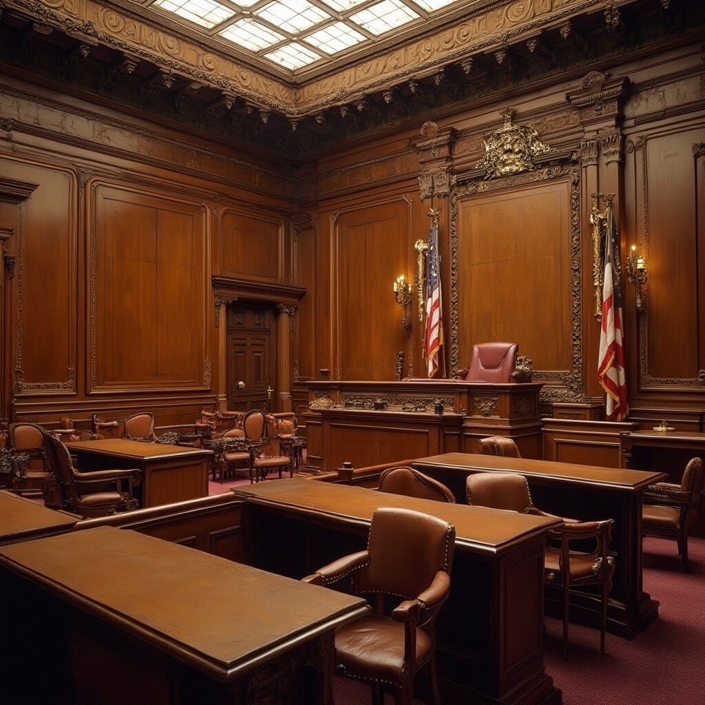 Interior photograph of the restored Supreme Court chambers in the 1902 Historic Capitol Museum showcasing rich mahogany woodwork, antique brass fixtures, and vintage leather judicial chairs