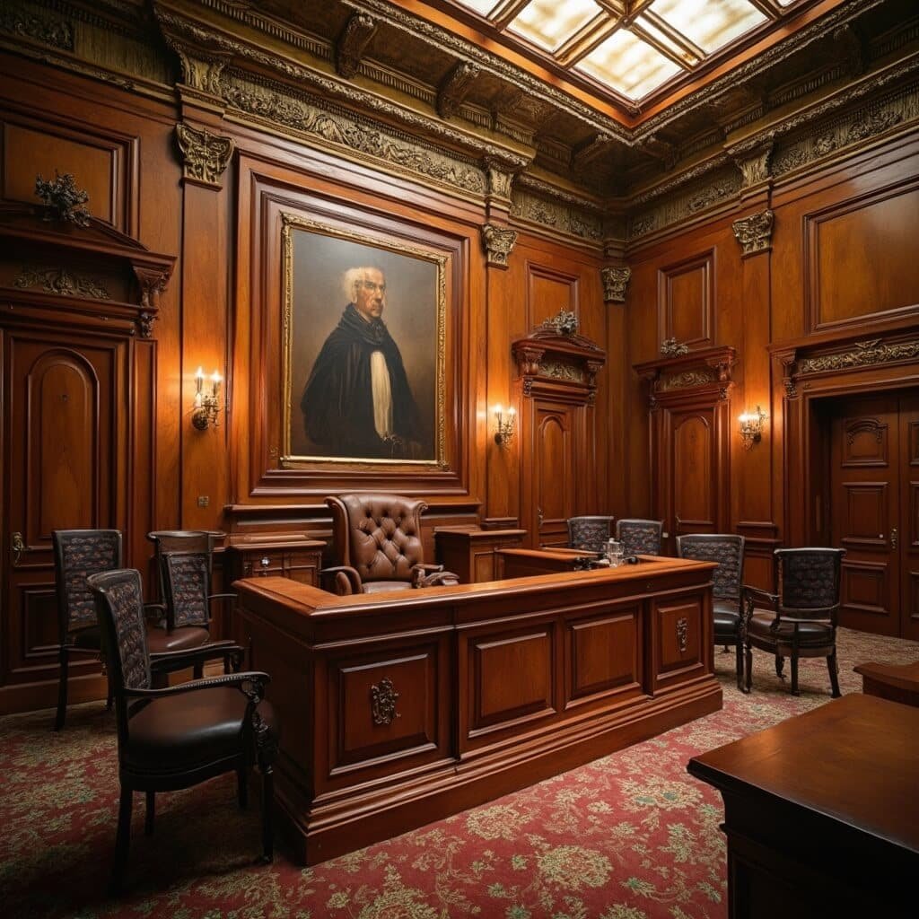 Vintage Supreme Court chamber interior at 1902 Historic Capitol Museum, featuring mahogany woodwork, leather chairs, antique brass fixtures and intricate crown molding